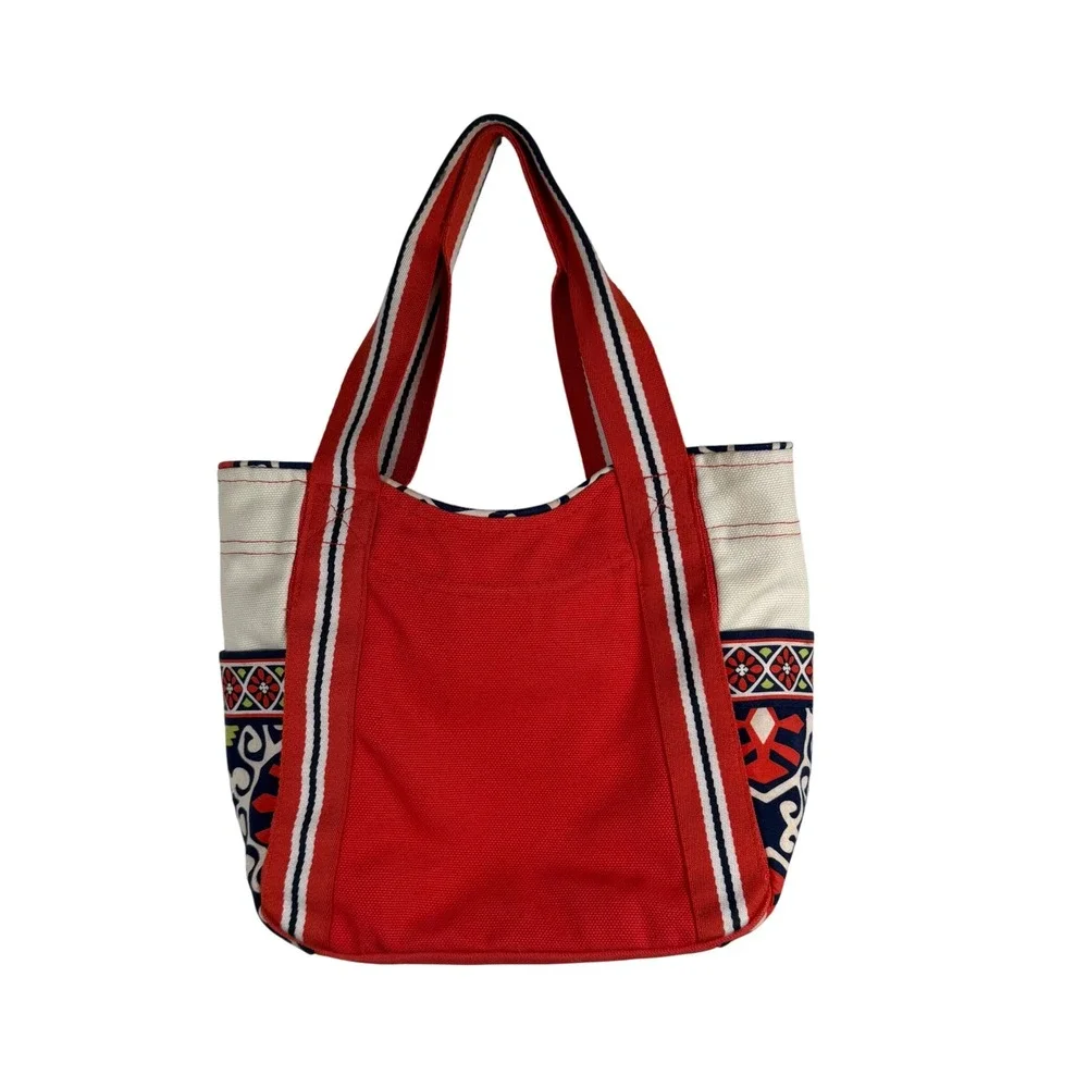 Vera Bradley Tote Bag Womens Medium Red Canvas Geometric Floral Striped Straps